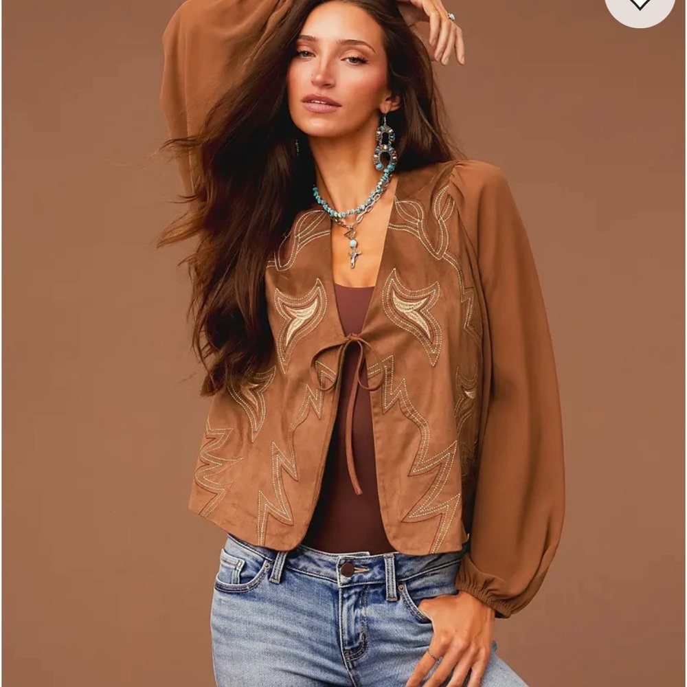 Woven Embroidered Tie-Front Top in Chestnut Brown